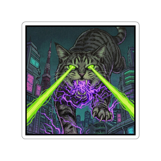 CityCat Attacks! - Green Lasers - Laser-Eyed Cat Sticker — Cyberpunk Neon City Die-Cut Sticker