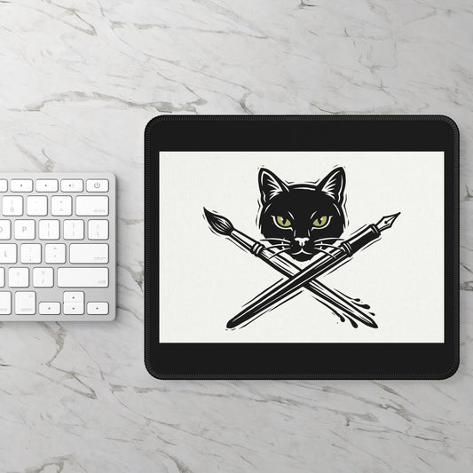 CreativeCat - Black Cat & Crossed Pen + Brush Mouse Pad — Artist Gamer Desk Mat