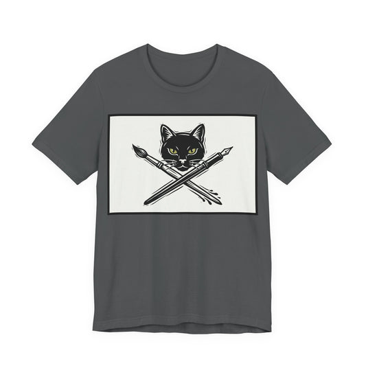 Creative Cat T‑Shirt – Black Cat with Crossed Paintbrush & Pen Graphic