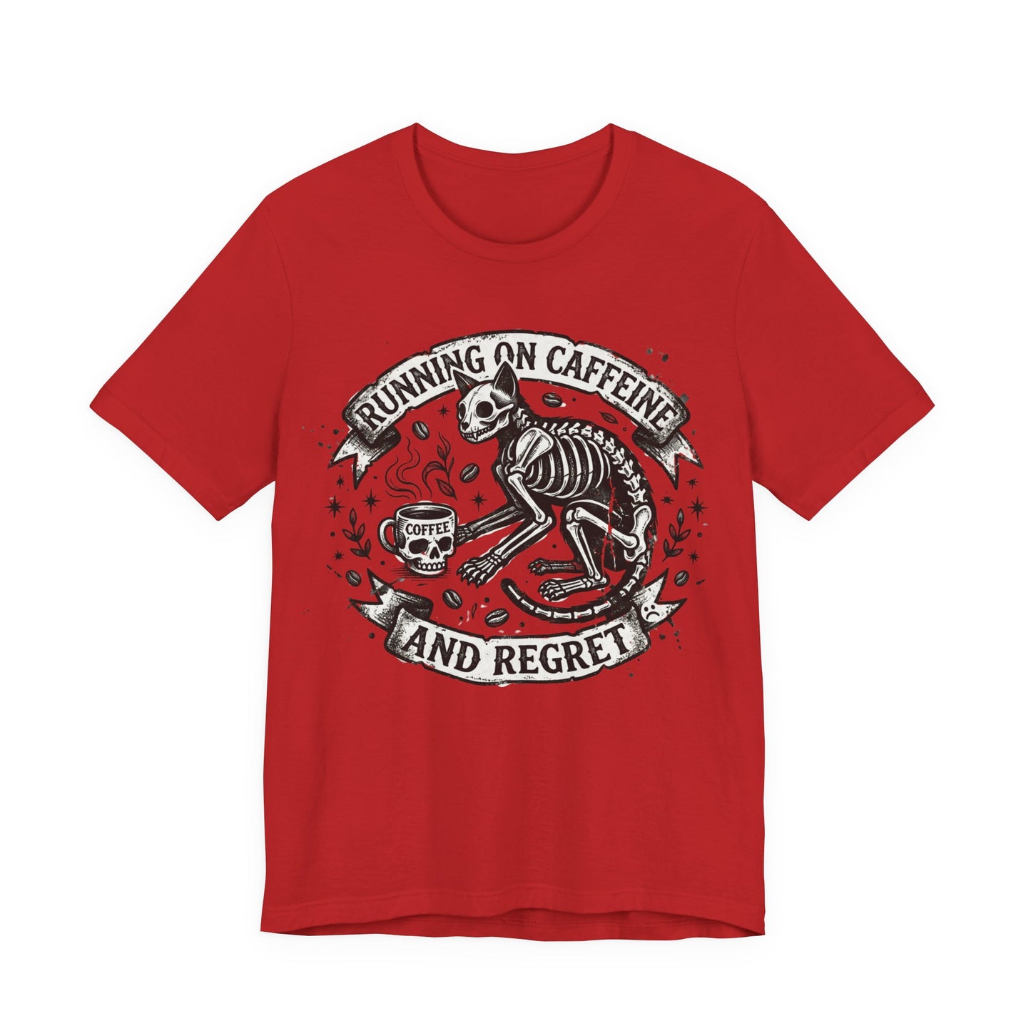 VOID - Running on Caffeine and Regret Tee — Funny Skeleton Cat Coffee T‑Shirt