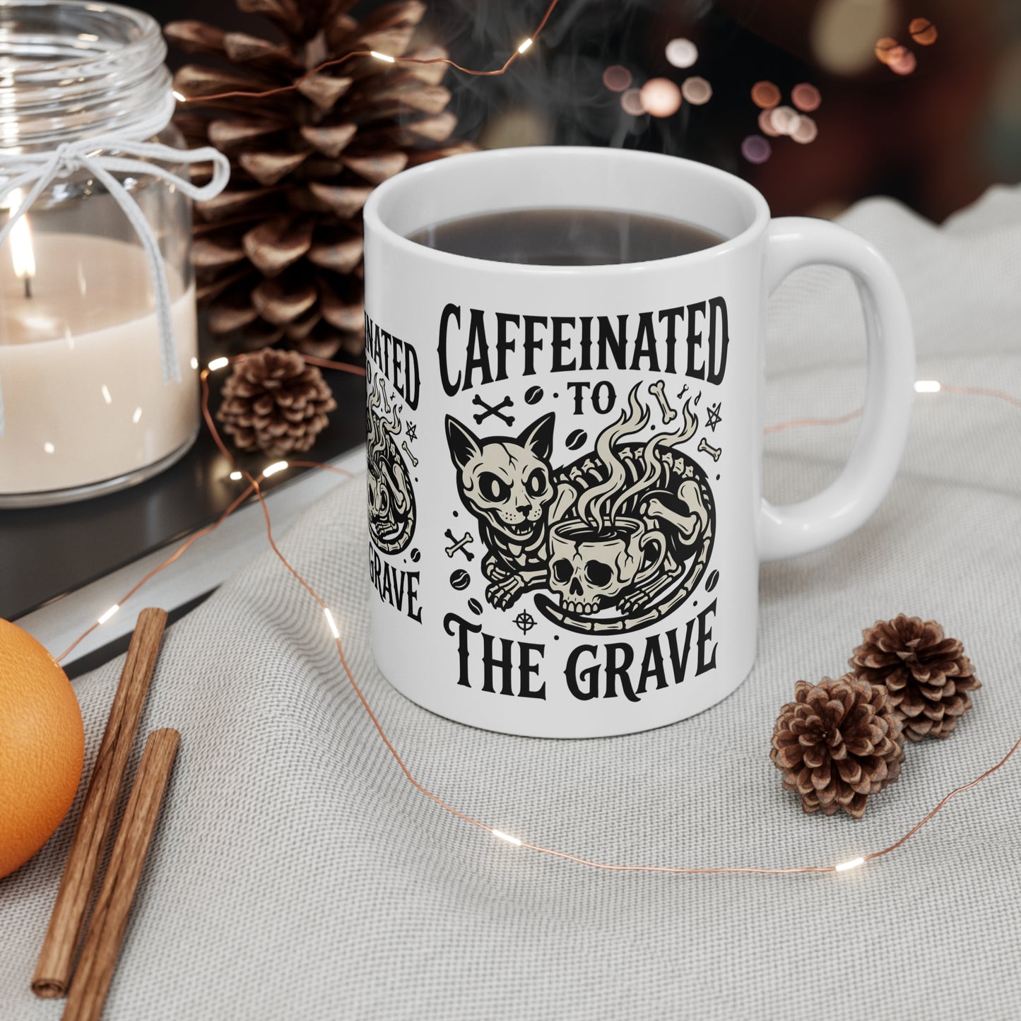 VOID - Caffeinated to the Grave Coffee Mug — Gothic Cat & Skull 11oz