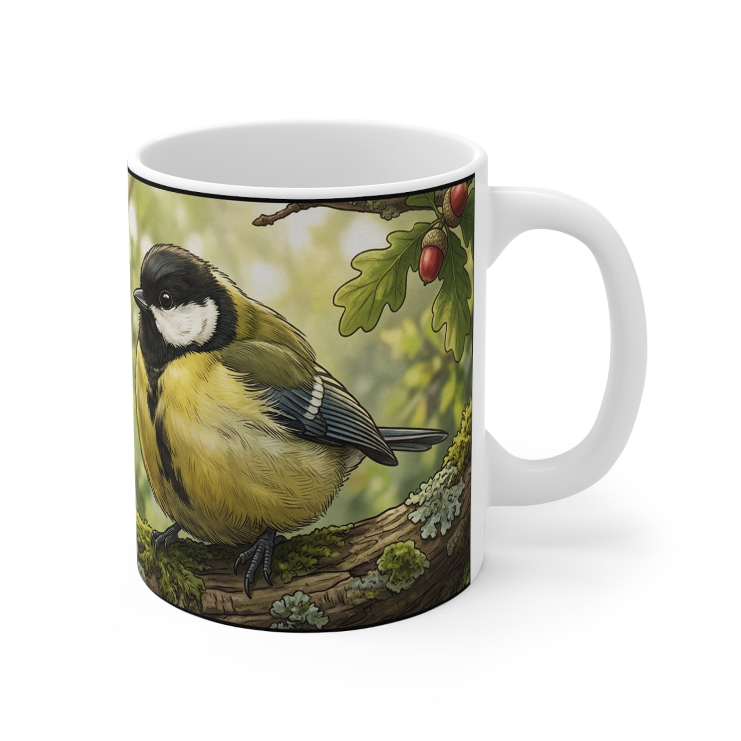 Great Big Tits Bird Mug - 11oz Ambi Handle — Birder Humor Wordplay 11oz Ceramic Coffee Cup with Woodland Songbird Illustration