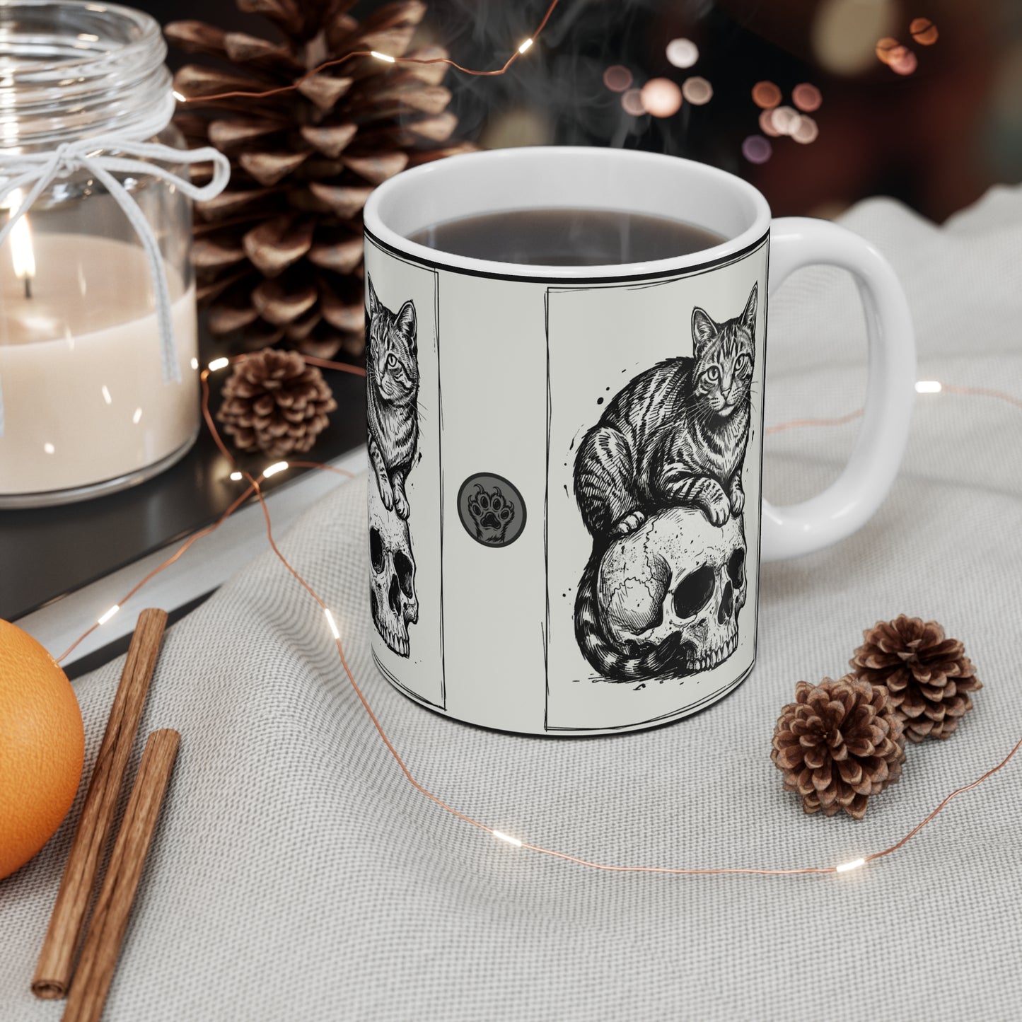 Three Cats on Skulls - 11oz Mug Ambi Handle — Gothic Cat Coffee Cup