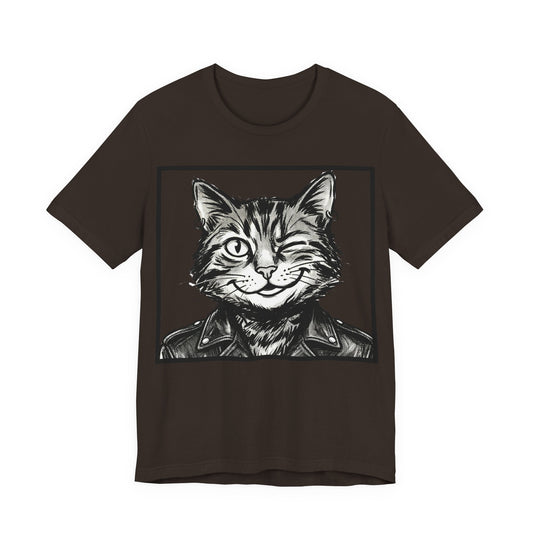 WinkyCat - Leather Jacket (NO Gesture) - Winking Cat Portrait Tee – Retro Rocker Biker Cat Graphic T-Shirt