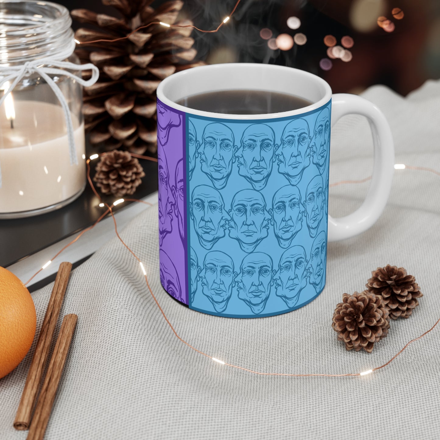 HotGossip - New Design 2 - 11oz Mug Ambi Handle - Patterned Face Modern Art Coffee Mug — Blue & Purple Portrait Design (11 oz)