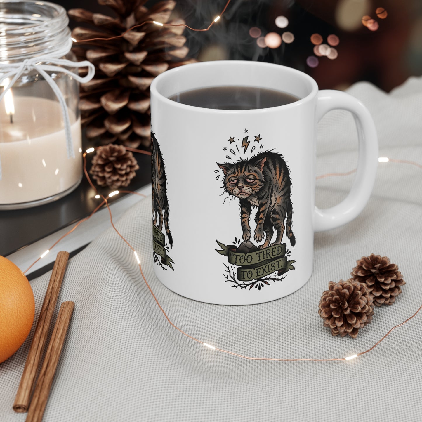 VOID - 11oz Mug — Vintage Tired Cat Illustration “Too Tired to Exist”