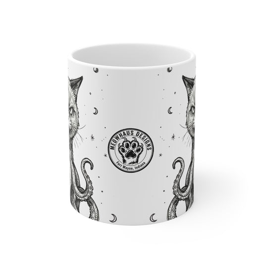 AlienCat In Space! - 11oz Mug Ambi Handle — Octocat Cat Tentacle Coffee Cup (Black & White Gothic Cat Art)