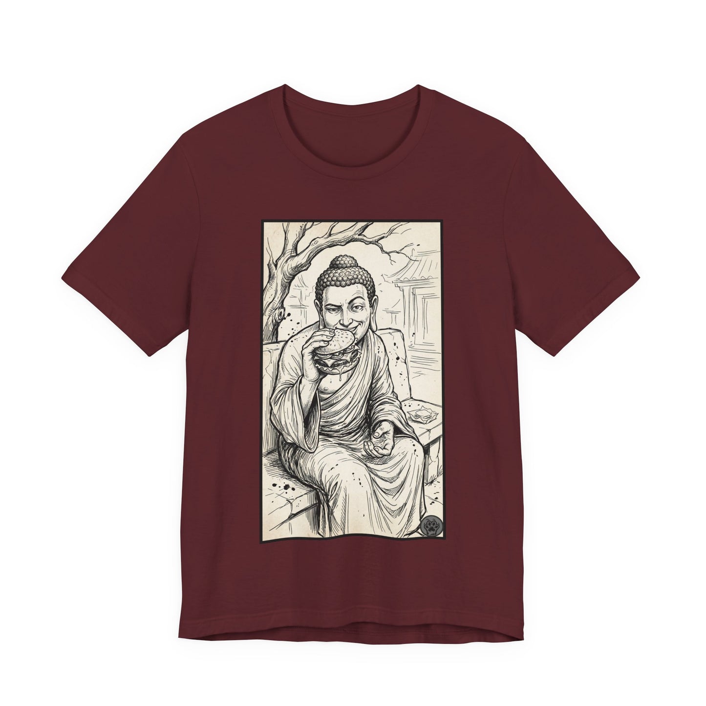 Bad Buddha Cheeseburger Sketch Tee — Humor Illustration T-Shirt
