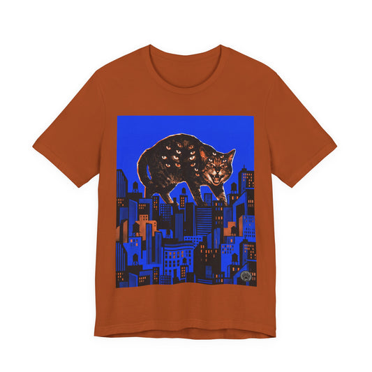 City Cat Attacks! - Collage Poster Blue Vertical - Black Cat Over Cityscape T-Shirt — Halloween Urban Night Graphic Tee