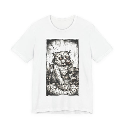 Scraps "GFM" - Cat Drinking Coffee T-Shirt — Tired Depressed Cat Graphic Tee