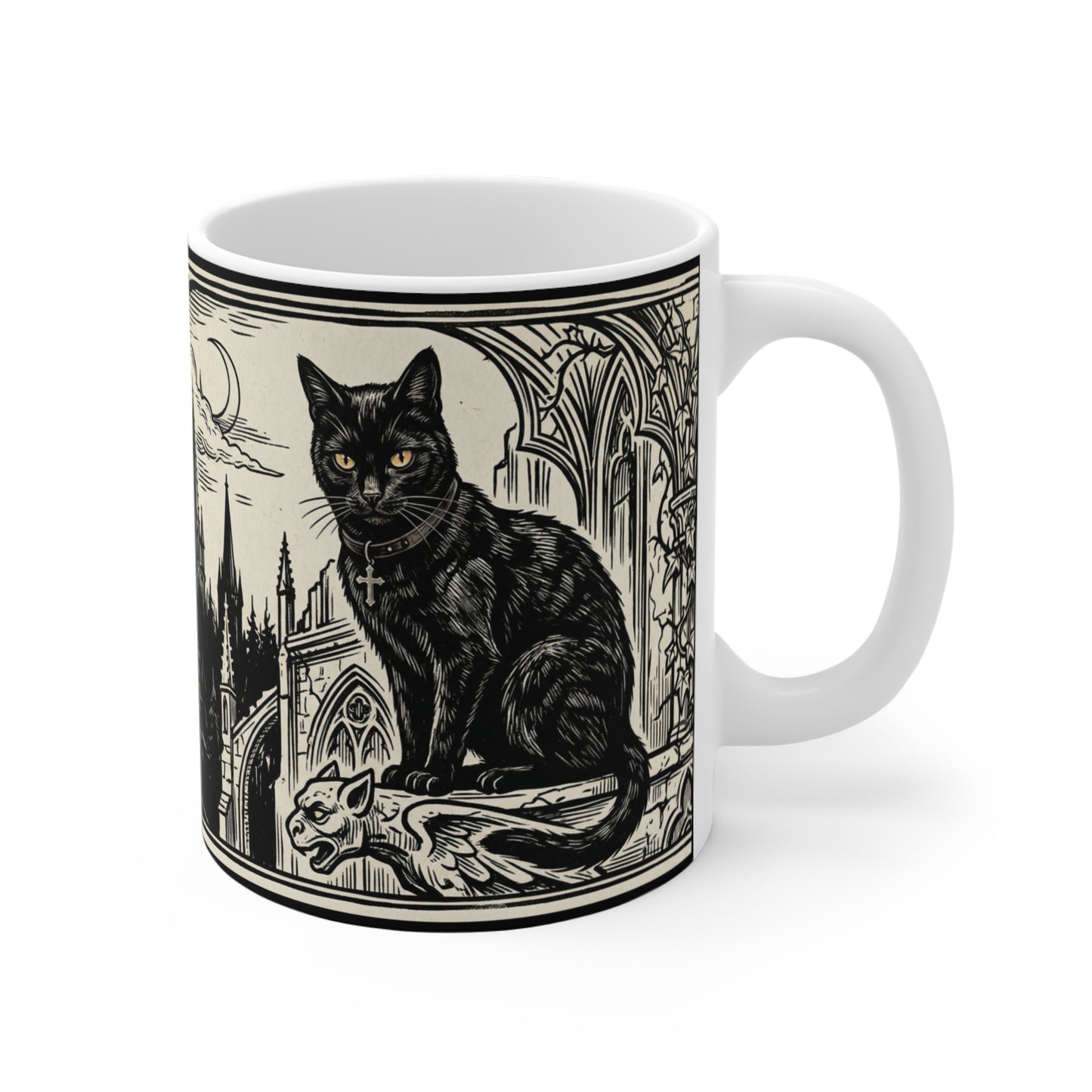 DarkArts - Cat - 11oz Mug Ambi Handle - Black Cat Cathedral Mug — Gothic 11oz Coffee Cup with Moonlit Spires