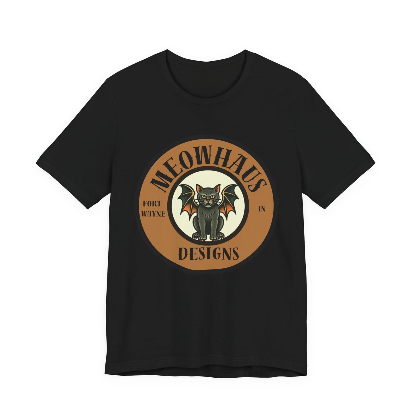 Meowhaus Designs Cat Circle Logo T-Shirt - Vintage Tattoo Cat-Bat Design