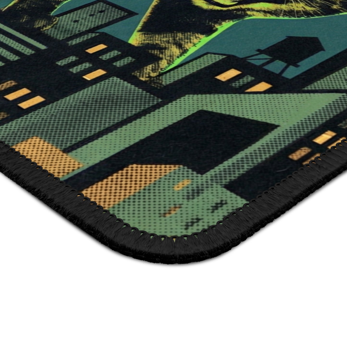 CityCat - Green Collage Poster - Retro Monster Cat Gaming Mouse Pad — Neon Multi-Eyed Cat Over Cityscape