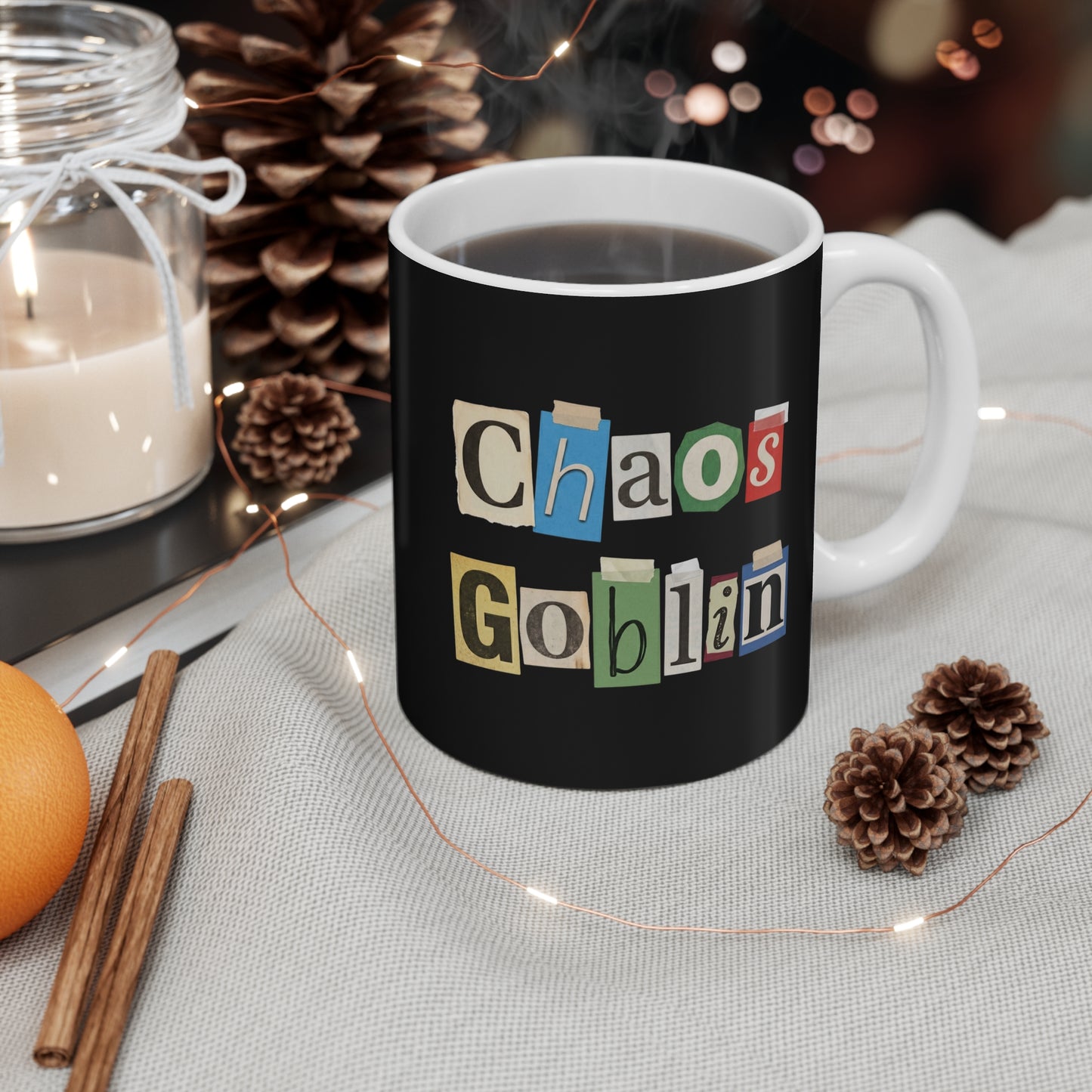 Chaos Goblin Mug — Funny Ransom-Note Style Coffee Cup