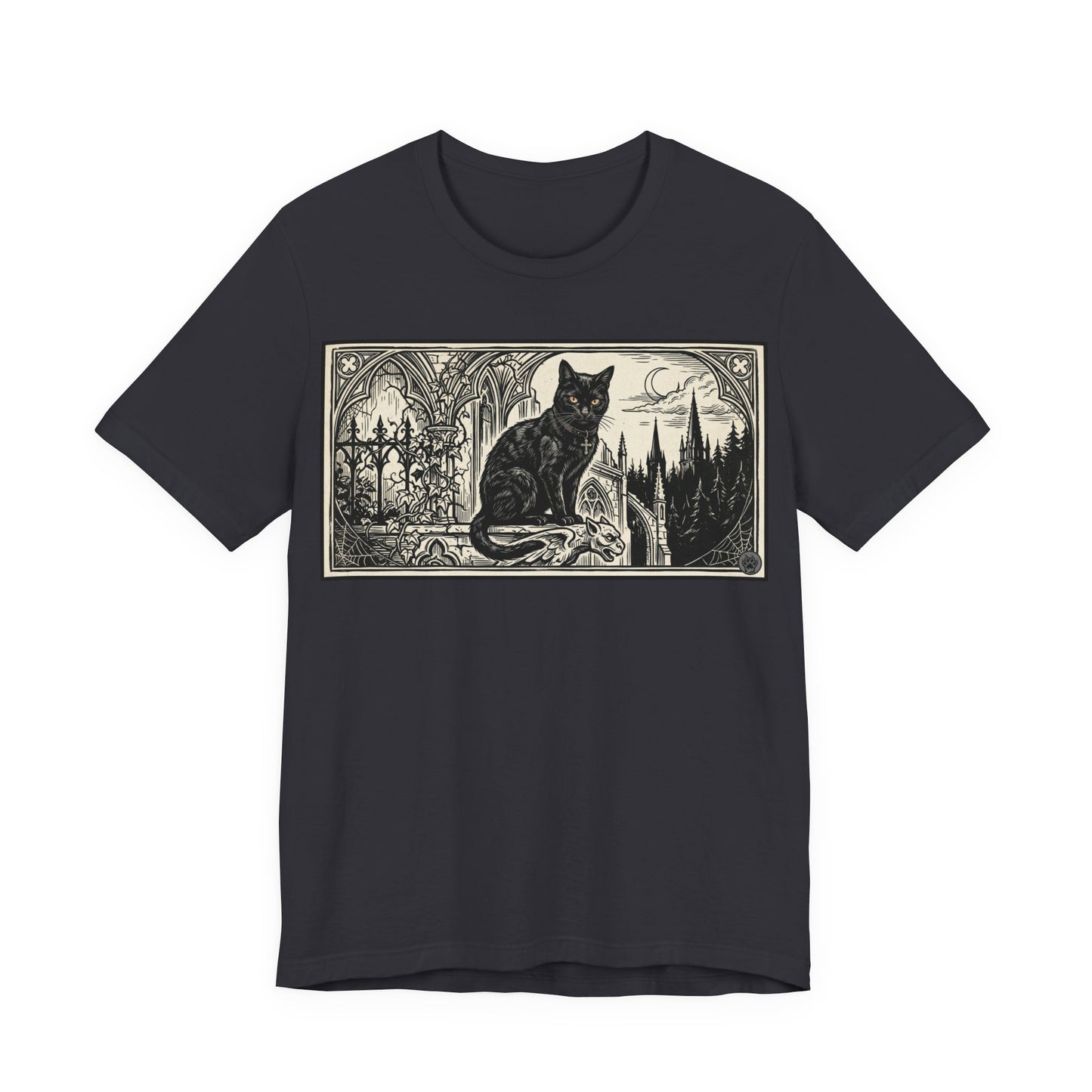 DarkArts Collection - Cat Horizontal - Vintage Gothic Black Cat T-Shirt — Moonlit Cathedral Illustration Tee