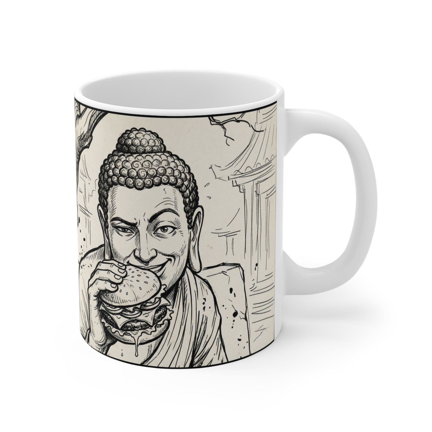 BadBuddha - Cheeseburger - 11oz Mug Right Handle — Religious Humor Buddha Yoga Meditation Vintage Paw Seal Design (Meowhaus Designs, Fort Wayne)