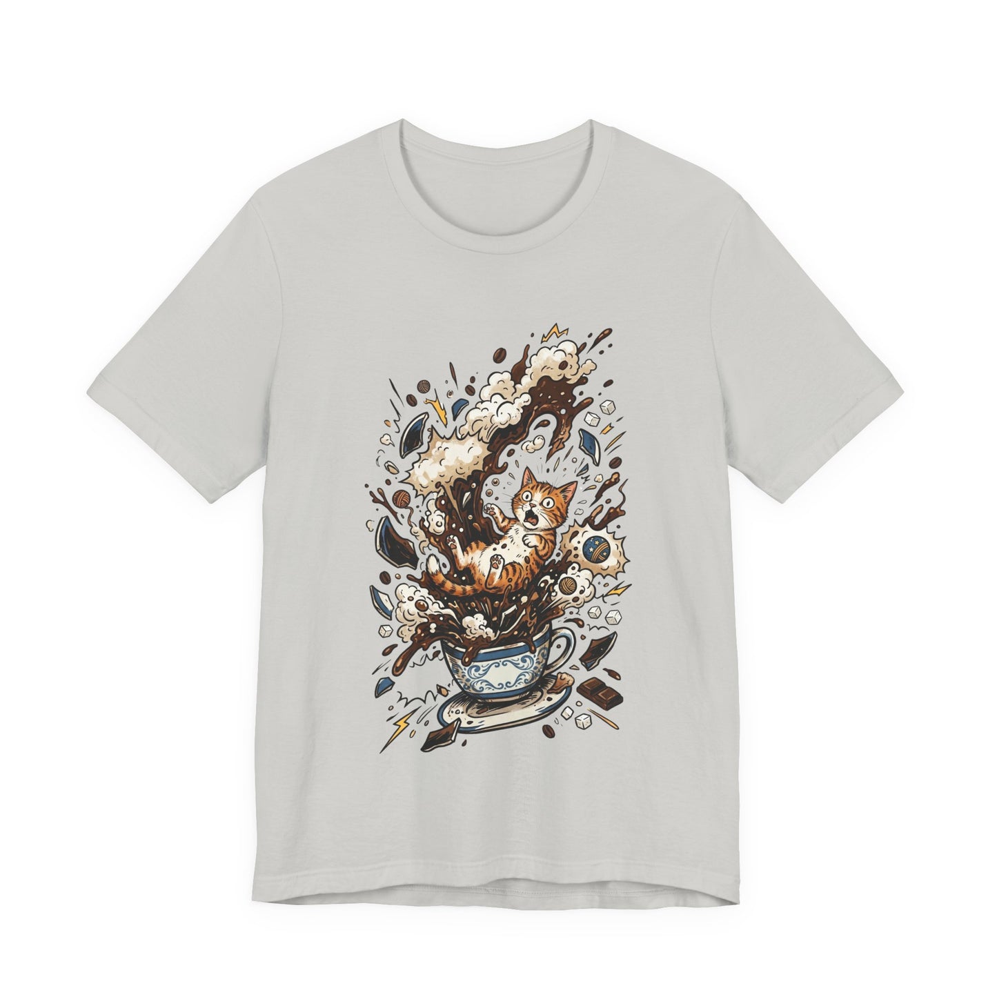 VOID - Cat Coffee Splash T‑Shirt — Cute Kitten Popping Out of Exploding Coffee Cup Tee