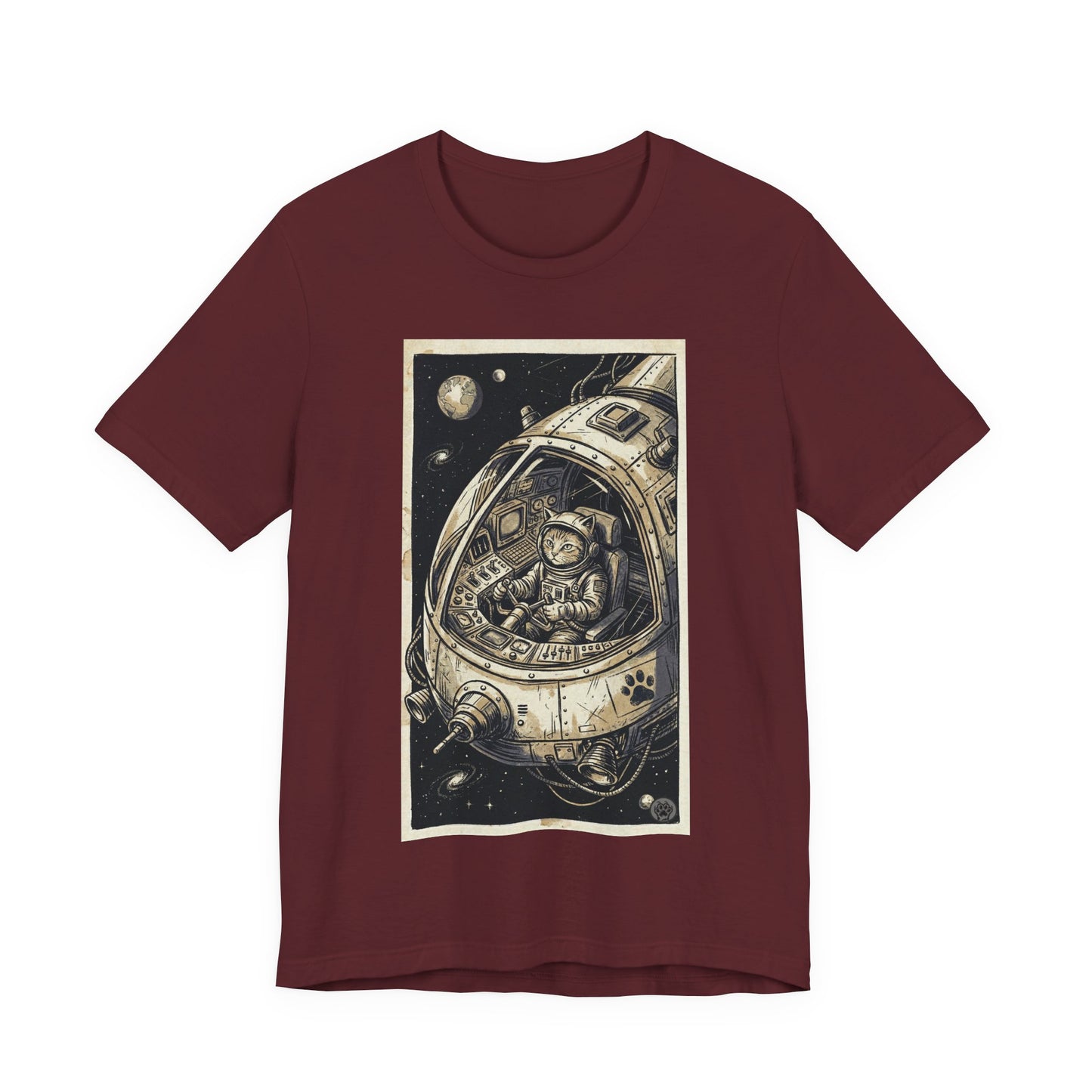 SpaceCat - To The Rescue! - Cat Astronaut in Rocket Capsule Graphic Tee – Vintage Style Space Pilot Illustration
