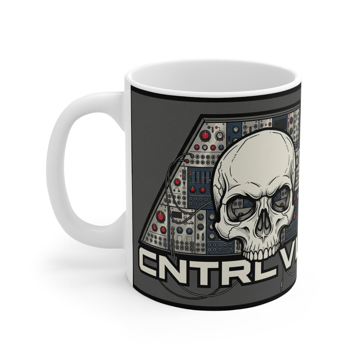 CV Control Voltage TriBase Grey/White - 11oz Mug Ambi Handle - Skull Modular Analog Synthesizer Mug – Control Voltage (CNTRLVLTG) Music Producer Coffee Cup