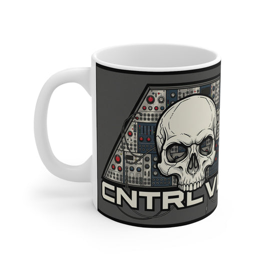 CV Control Voltage TriBase Grey/White - 11oz Mug Ambi Handle - Skull Modular Analog Synthesizer Mug – Control Voltage (CNTRLVLTG) Music Producer Coffee Cup