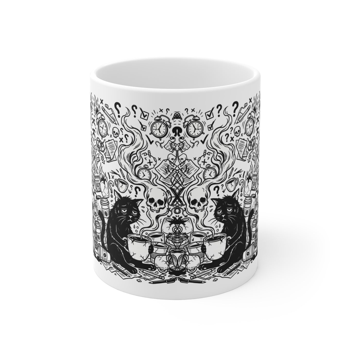 VOID - Overwhelmed Gothic Black Cat Coffee Mug — 11oz Occult Skull Doodle Design