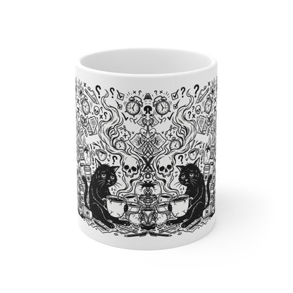 VOID - Overwhelmed Gothic Black Cat Coffee Mug — 11oz Occult Skull Doodle Design