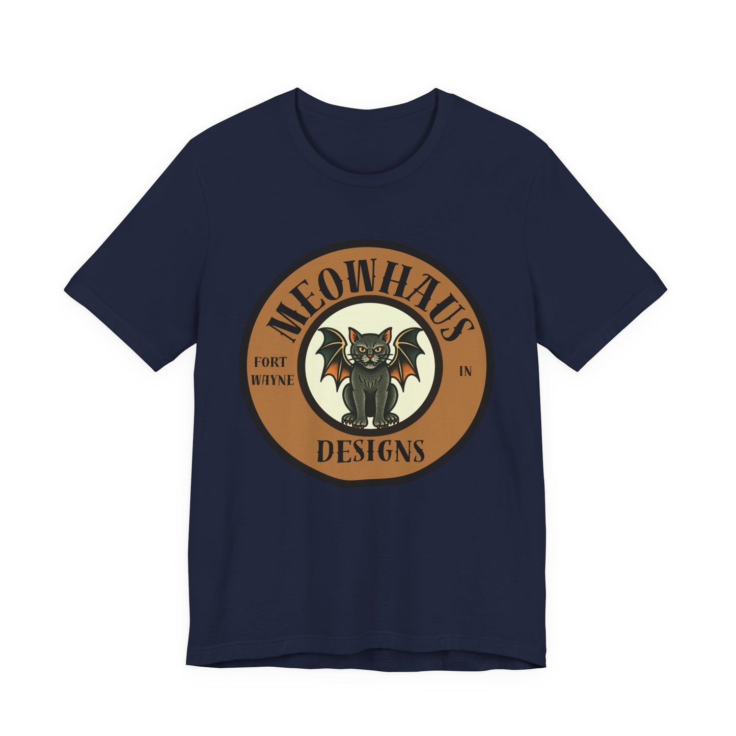Meowhaus Designs Cat Circle Logo T-Shirt - Vintage Tattoo Cat-Bat Design