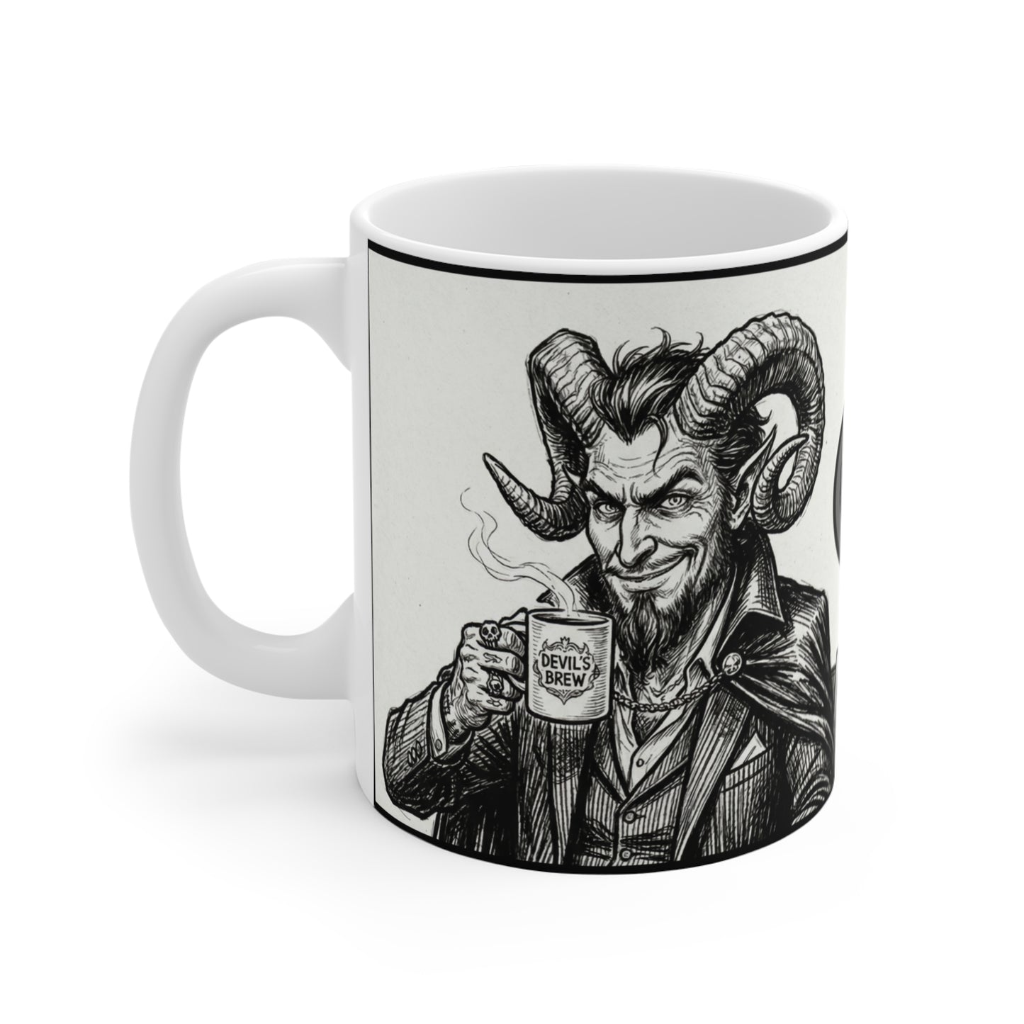 BLZB - "Devil's Brew" Coffee - 11oz Mug Ambi Handle — Religious Humor Vintage Devil Character Holding Coffee Mug (Gothic Occult Art)