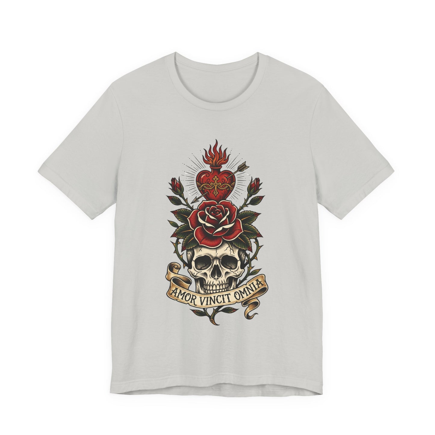 AVO - Tattoo T-Shirt — 'Amor Vincit Omnia' Skull & Rose Sacred Heart Tee