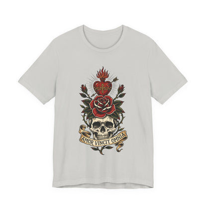 AVO - Tattoo T-Shirt — 'Amor Vincit Omnia' Skull & Rose Sacred Heart Tee