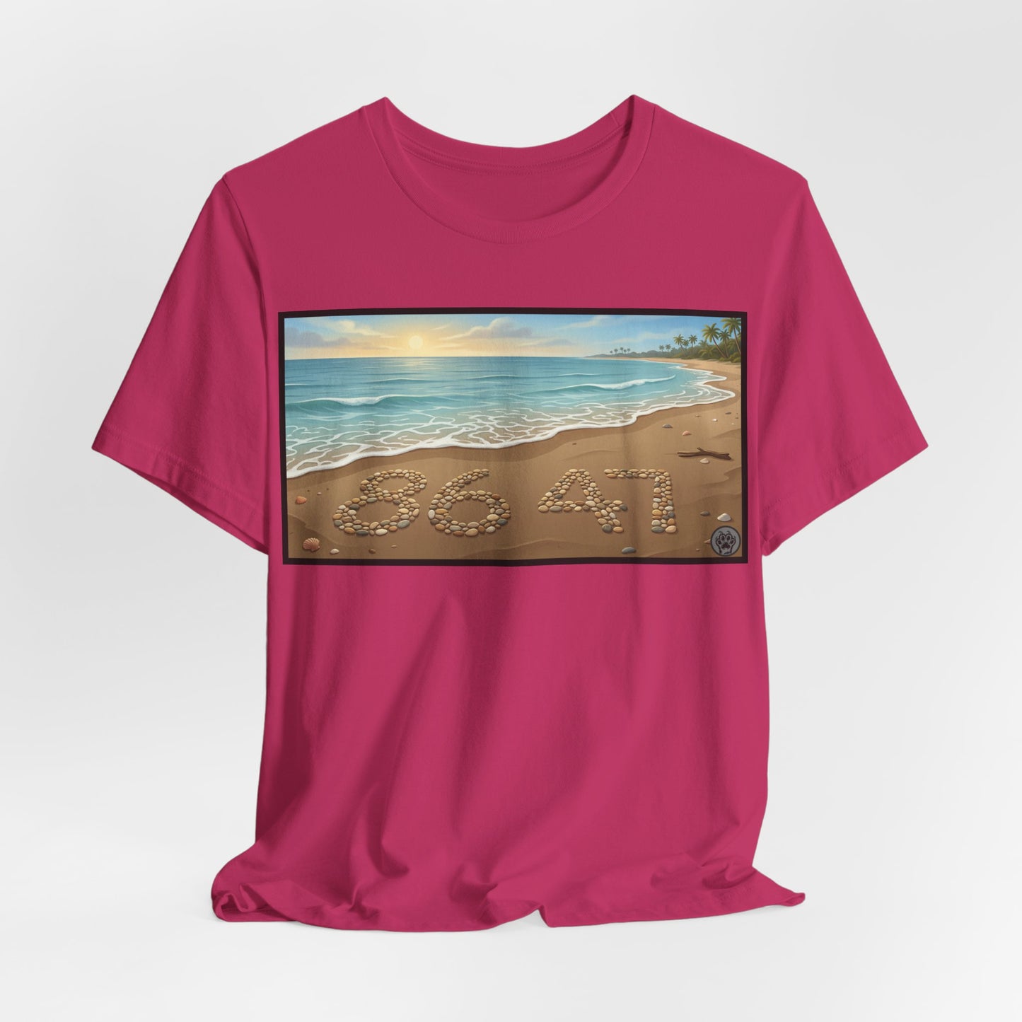 A Nice Day At The Beach - Horizontal V2 - Beach Sunset T-Shirt with '86 47' Sand Art – Coastal Vacation Tee