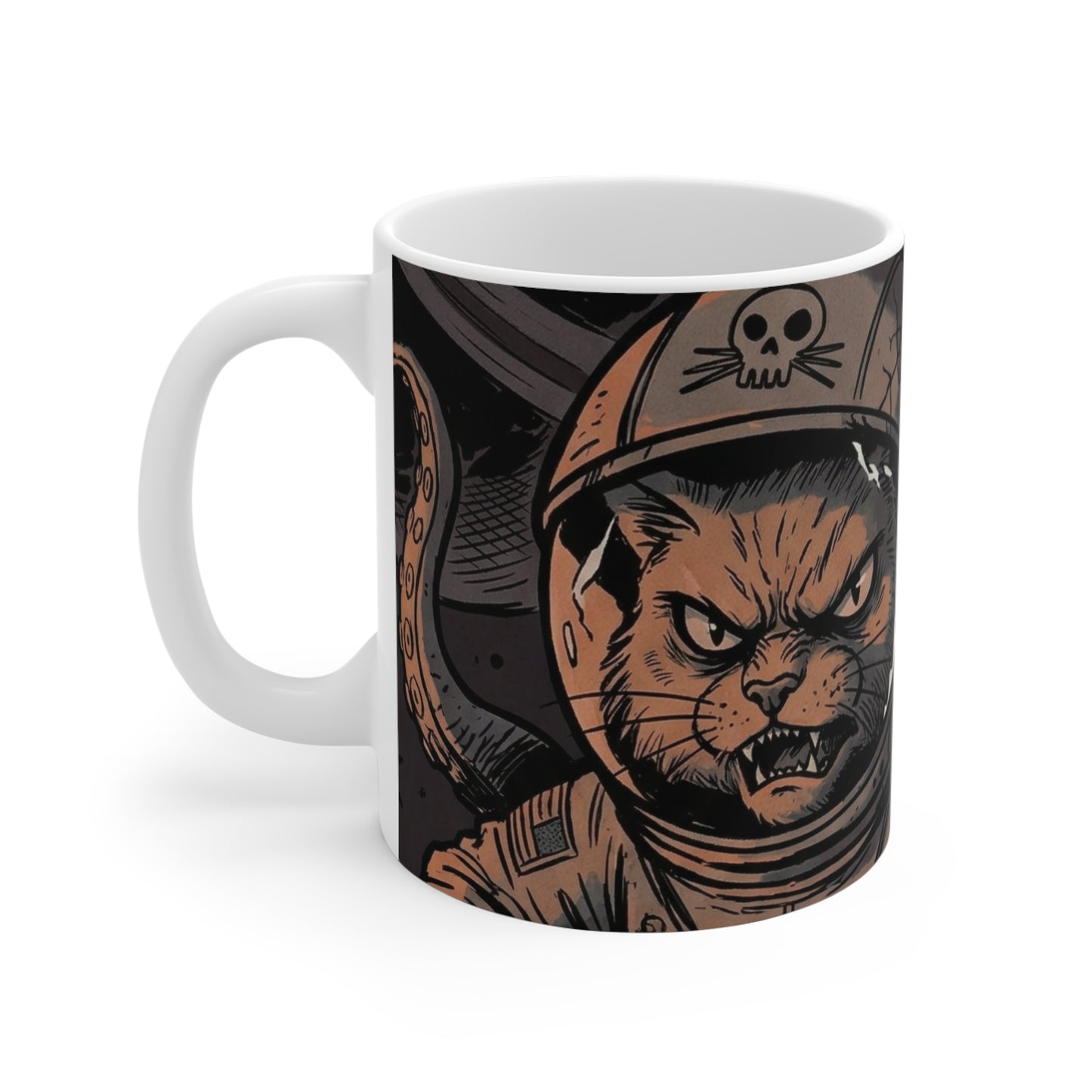 AlienCat Astronaut - Dark - 11oz Mug Left Handle — Vintage Space Pirate Design, 11oz Coffee Tea Mug