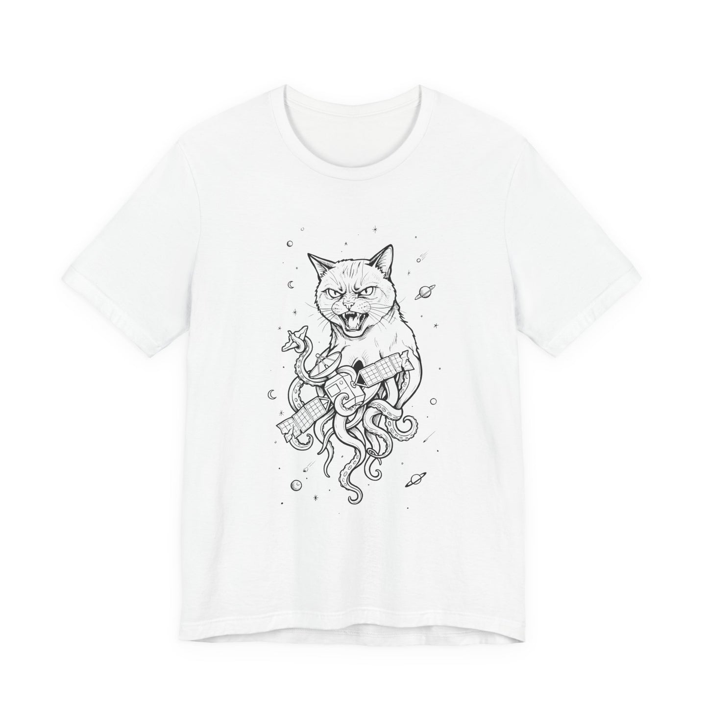 AlienCat In Space - Black Outline - Cat Kraken Illustration T-Shirt — Nautical Mythical Cat with Octopus Tentacles Tee