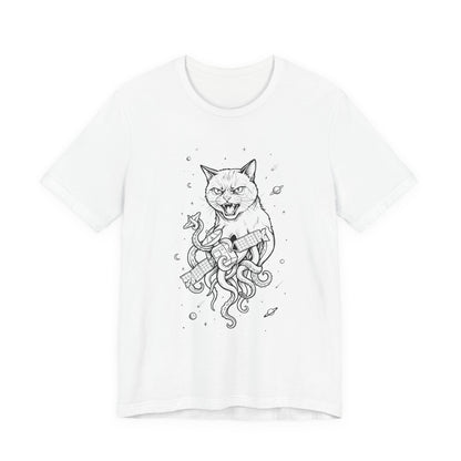 AlienCat In Space - Black Outline - Cat Kraken Illustration T-Shirt — Nautical Mythical Cat with Octopus Tentacles Tee