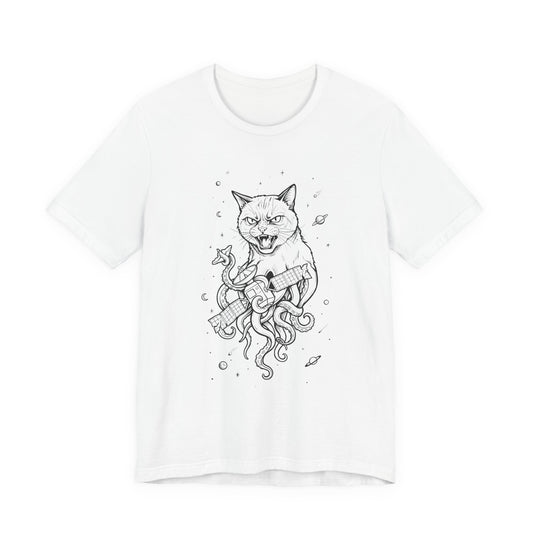 AlienCat In Space - Black Outline - Cat Kraken Illustration T-Shirt — Nautical Mythical Cat with Octopus Tentacles Tee