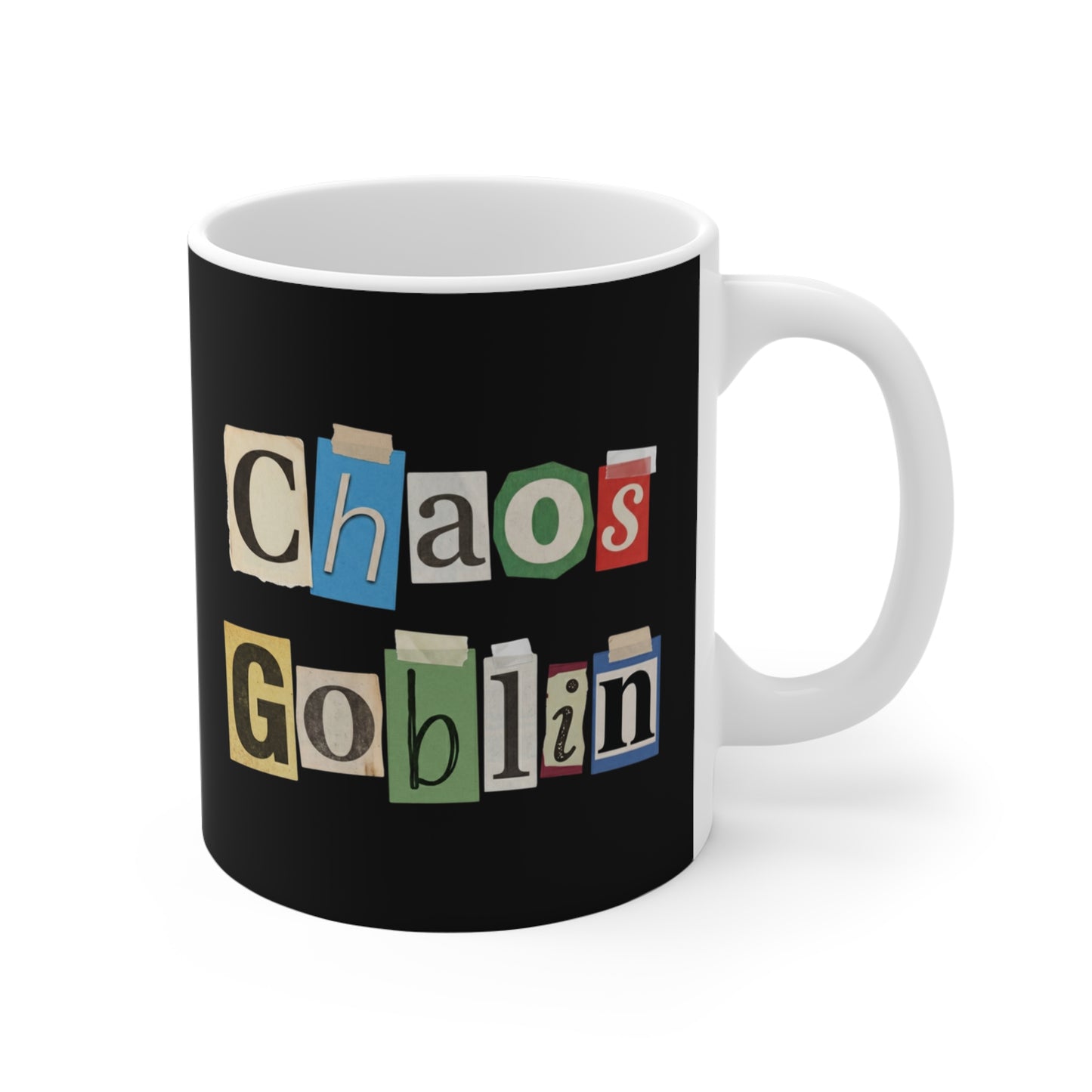 Chaos Goblin Mug — Funny Ransom-Note Style Coffee Cup
