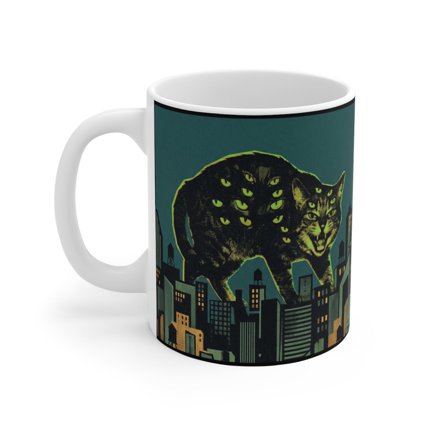 CityCat - Green Collage Poster - 11oz Mug Ambi Handle — Vintage Noir Urban Kitty Design (Meowhaus Designs)