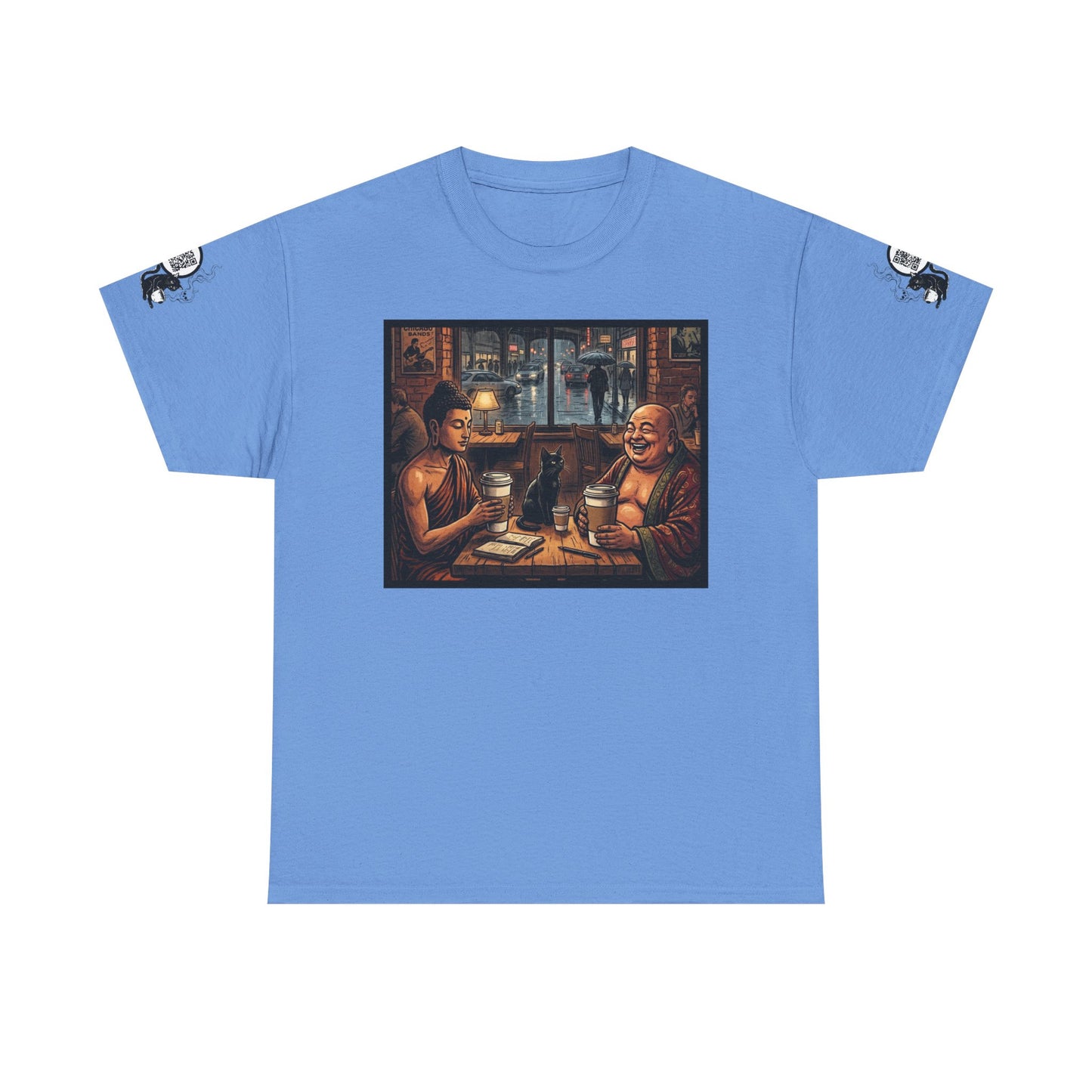 PBFMF w/SleeveQR - Buddha Night Cafe T‑Shirt — Relaxed Vintage Asian Tea House Art Tee