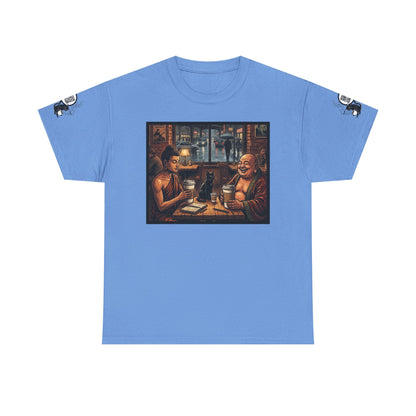 PBFMF w/SleeveQR - Buddha Night Cafe T‑Shirt — Relaxed Vintage Asian Tea House Art Tee