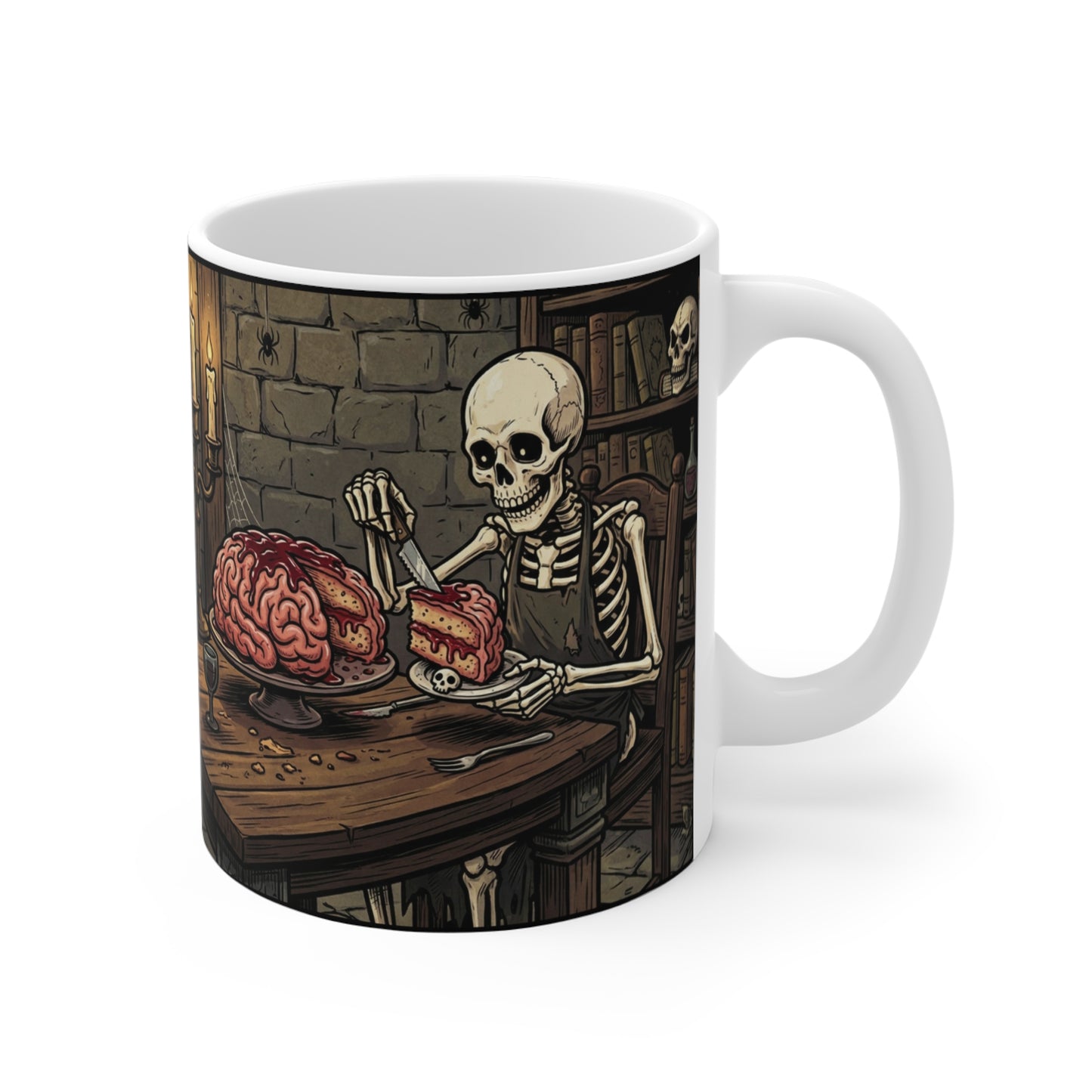 Sweet Treat - 11oz Mug Ambi Handle - Skeleton Feast Coffee Mug — Gothic Brain Dessert Treat, Halloween Humor