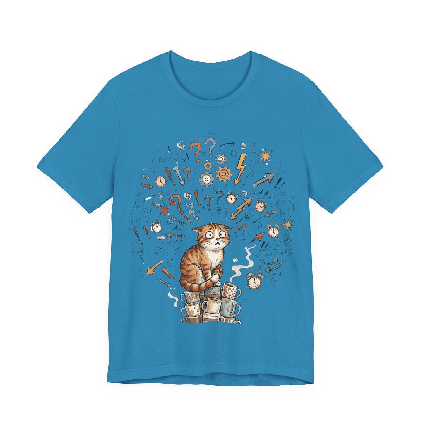 VOID - Overwhelmed! Coffee Cat Tee — Cute Cat with Question Marks Graphic T-Shirt