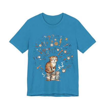 VOID - Overwhelmed! Coffee Cat Tee — Cute Cat with Question Marks Graphic T-Shirt