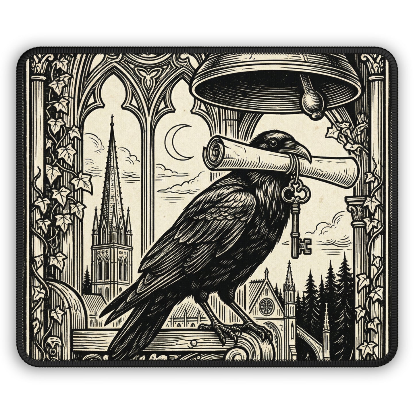 DarkArts - Raven 1 - Raven & Key Mouse Pad — Gothic Cathedral Gaming Desk Mat