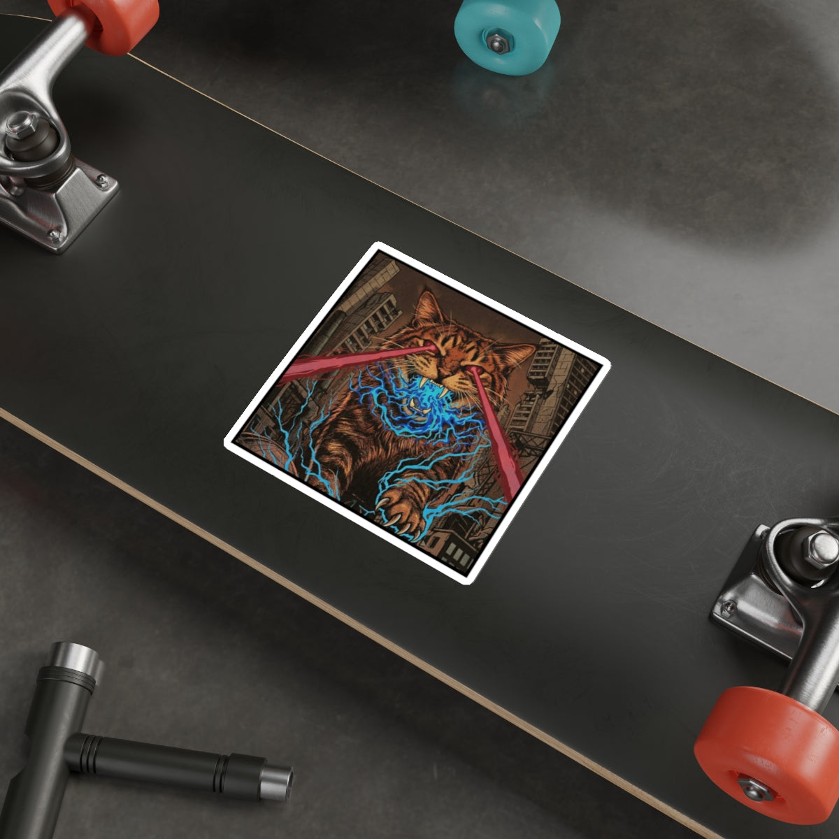 CityCat Attacks! - Dark - Red Lasers - Laser-Eyed Cat Die-Cut Sticker — Retro Kaiju City Illustration