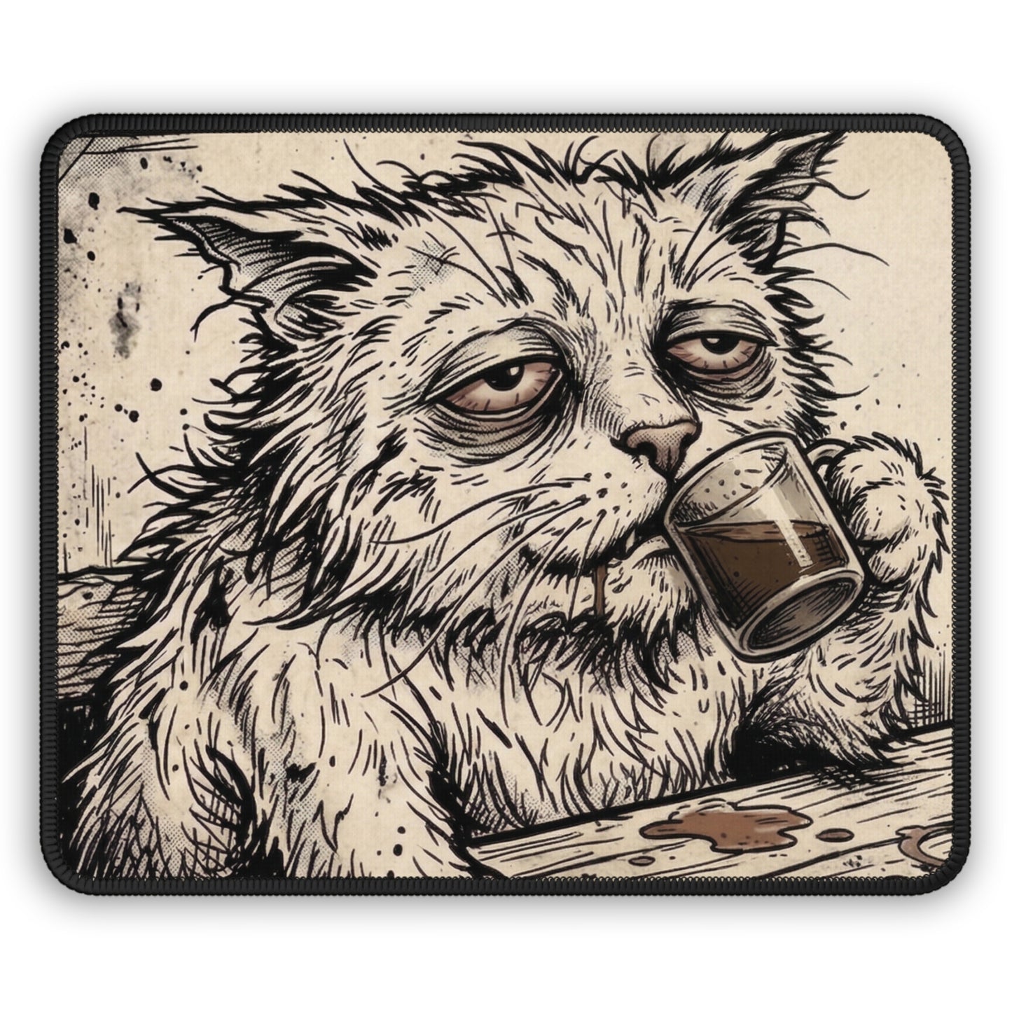 Scraps - GFM - Tired Exhausted Kitty Drinking Coffee - Gaming Mouse Pad