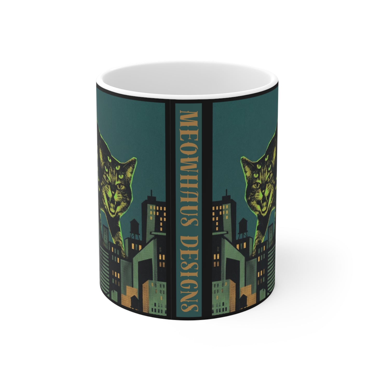CityCat - Green Collage Poster - 11oz Mug Ambi Handle — Vintage Noir Urban Kitty Design (Meowhaus Designs)