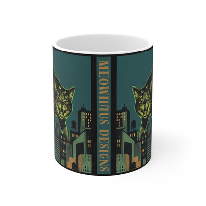 CityCat - Green Collage Poster - 11oz Mug Ambi Handle — Vintage Noir Urban Kitty Design (Meowhaus Designs)