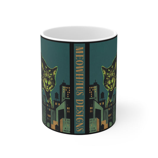 CityCat - Green Collage Poster - 11oz Mug Ambi Handle — Vintage Noir Urban Kitty Design (Meowhaus Designs)