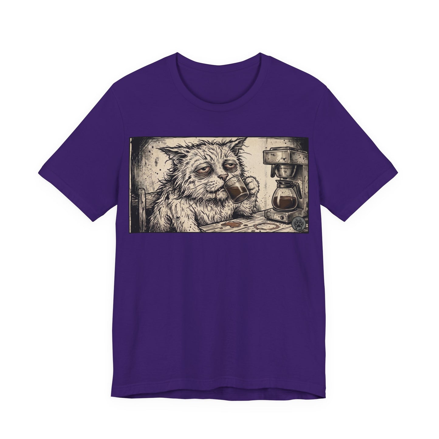Scraps "GFM" Horizontal - Cat Drinking Coffee T‑Shirt — Vintage Sketch Tired Depressed Cat Drinking Coffee Graphic Tee