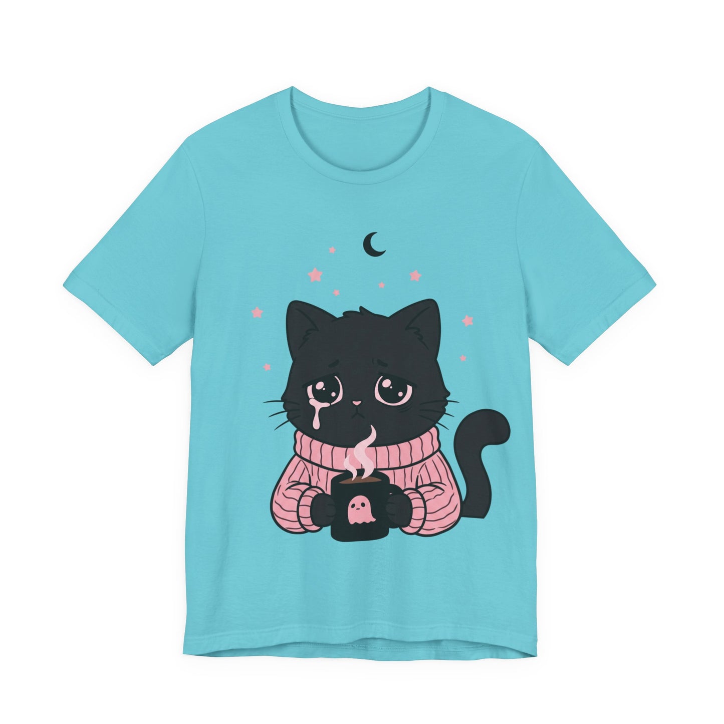 VOID - Cute Sad Black Cat Holding Hot Coffee T‑Shirt — Cozy Pink Sweater Kitty Tee